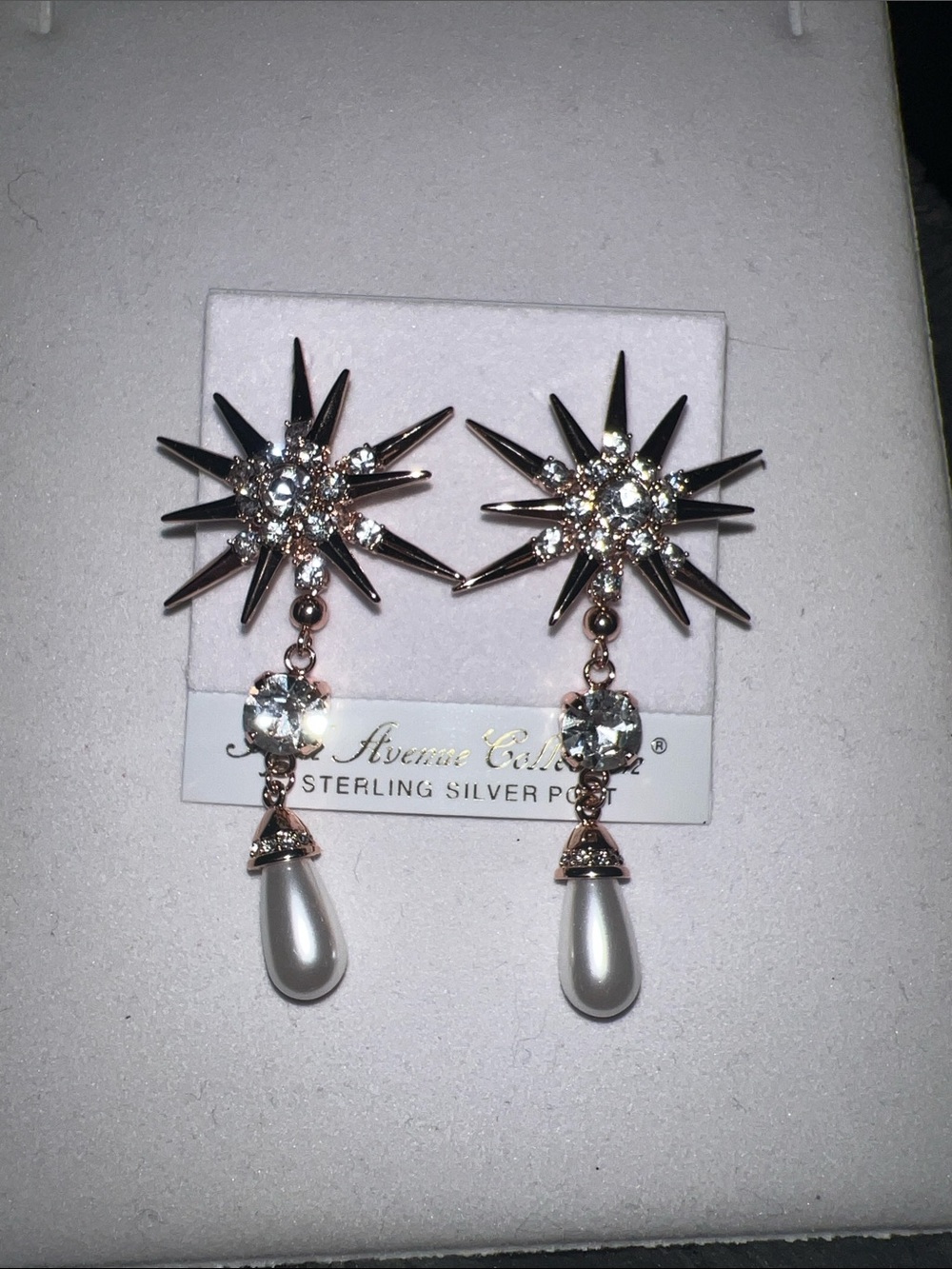 Rose Gold Starburst Drop Earrings with Pearl Teardrops - 5th Avenue Collection